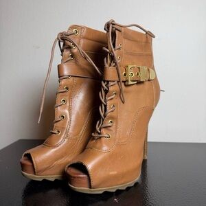 Guess Cognac Lace-Up Peep Toe Heeled Ankle Boots